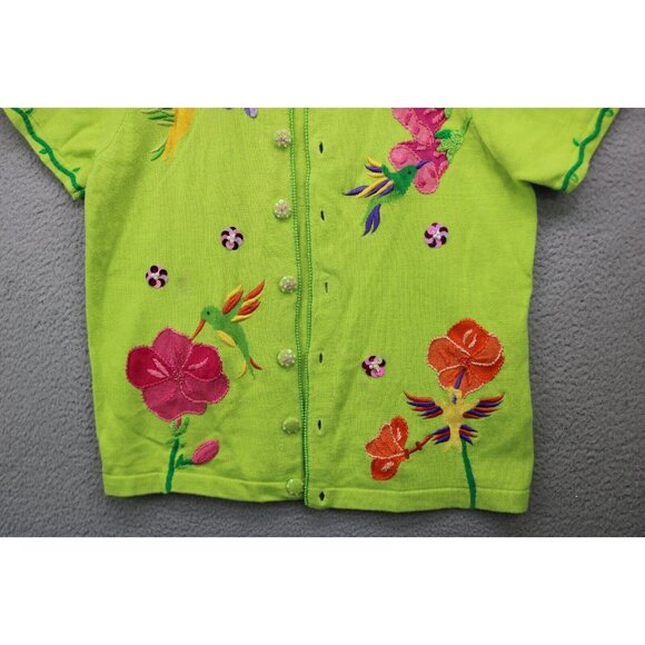 Quaker Factory Lime Green Embroidered Beaded Sweater-Large-Button Up-Birds - Picture 3 of 15